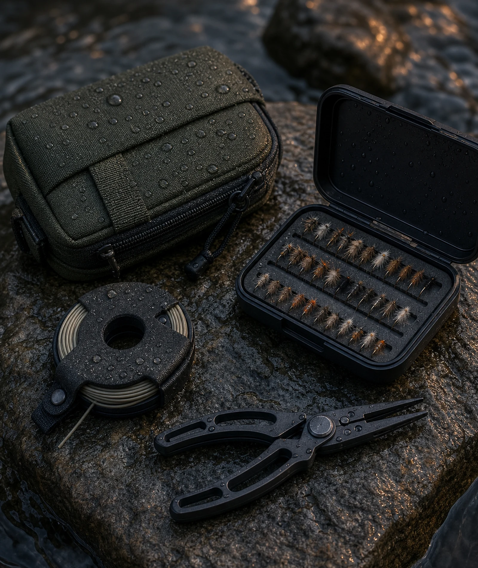 Water-beaded tackle organizer, fly boxes, and line storage laid out on river rock