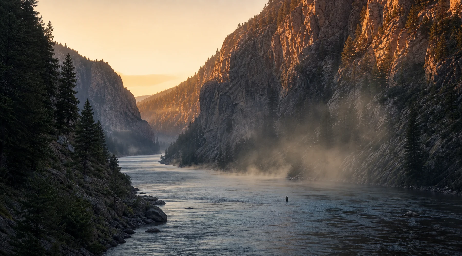 Angler walking a sunlit river beneath a mountain canyon