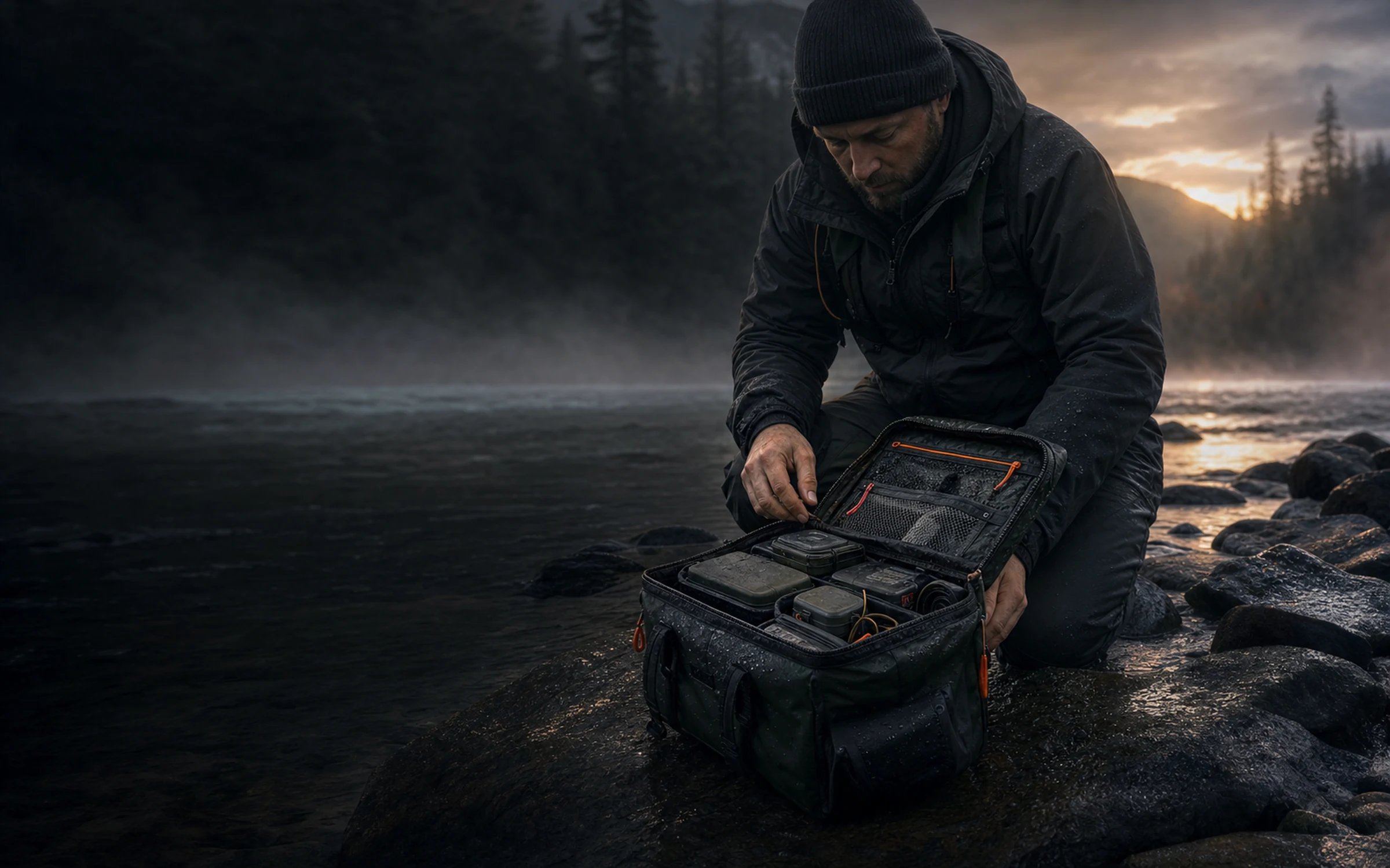 Angler organizing fishing gear beside a river at dawn